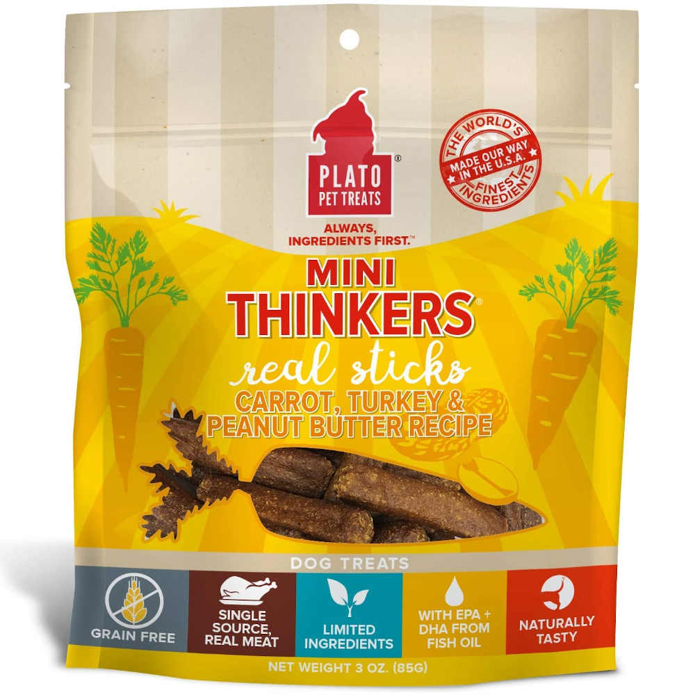 "Plato Mini Thinkers Carrot, Turkey & Peanut Butter Grain-Free Dog Treats 3oz (Exp 14 Aug)"