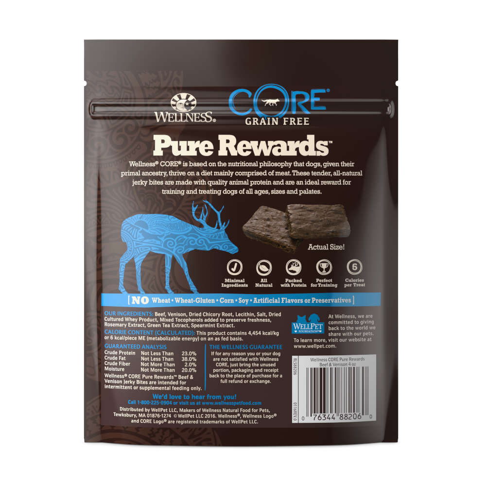 Wellness Core Pure Rewards Beef & Venison Jerky Grain Free Dog Treats 4oz
